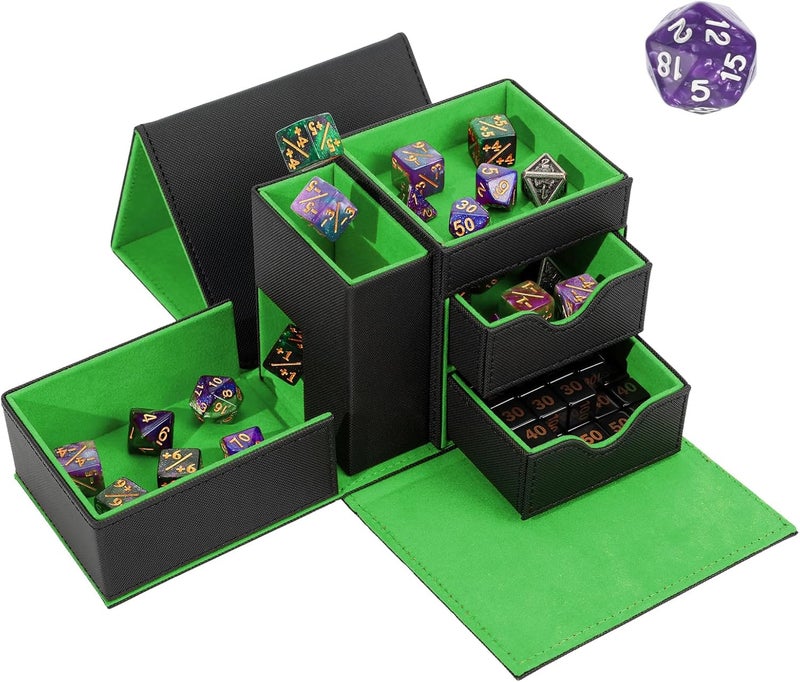 Stepane Dice Tray & Dice Tower Storage Box, 3 in 1 Dice Holder Case (Dice Rolling Tray, Dice Rolling Tower, Dice Storage Drawers), Leather Magnetic Closure DND Accessories Gifts for RPG MTG, Black/Green - Image 1